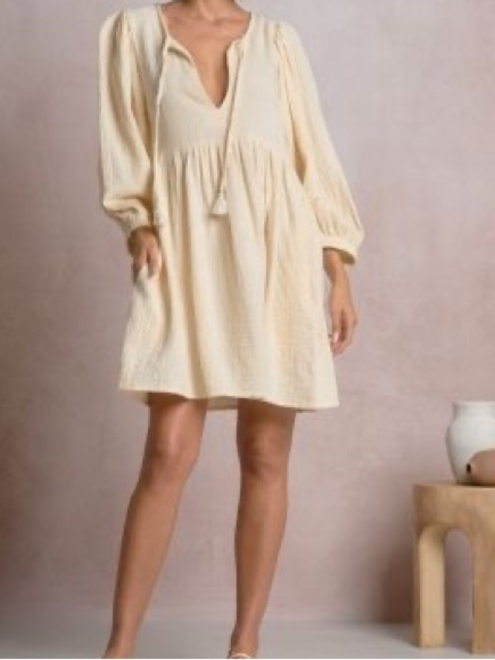 Elan Cream Long-Sleeve Tassel Tie Casual Dress Size M